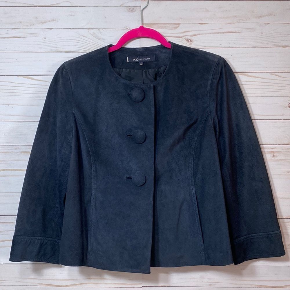 Anne Klein Blue Leather Suede Button Front  Blazer Jacket